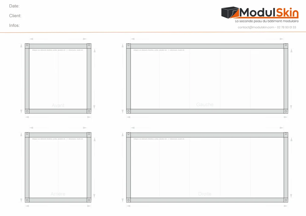 Feuille de mesure ModulSkin : les quatre faces d'un module — avant, gauche, arrière, droite — avec les cotes à relever