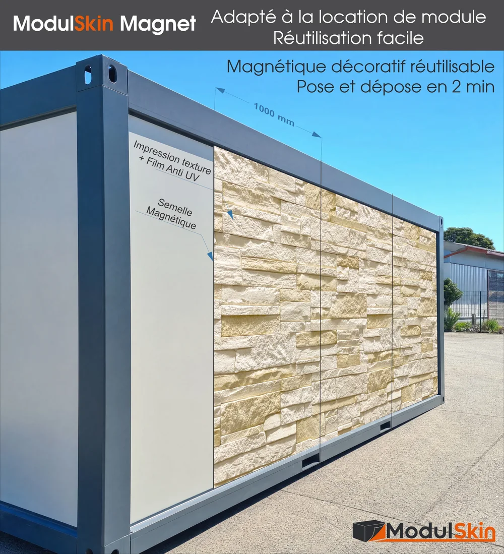 Module de location habillé d'un panneau magnétique décoratif réutilisable, posé et déposé en deux minutes