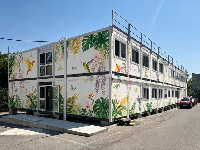 Bâtiment modulaire à étage habillé d'un décor tropical imprimé