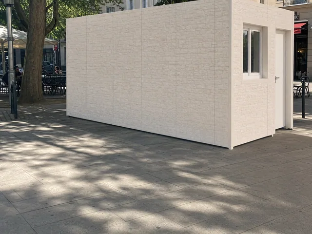 Module habillé en panneau rigide effet pierre, implanté dans une cour urbaine