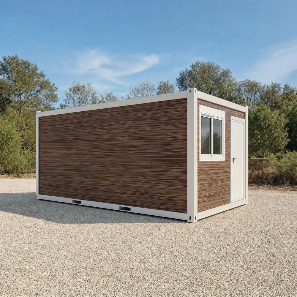 Module préfabriqué habillé d'un décor effet bois foncé au veinage horizontal