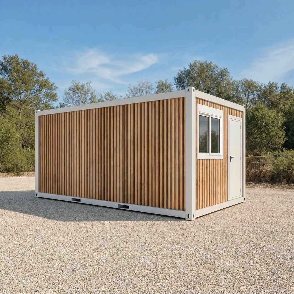Module préfabriqué habillé d'un décor effet panneaux bois acoustiques à lames verticales