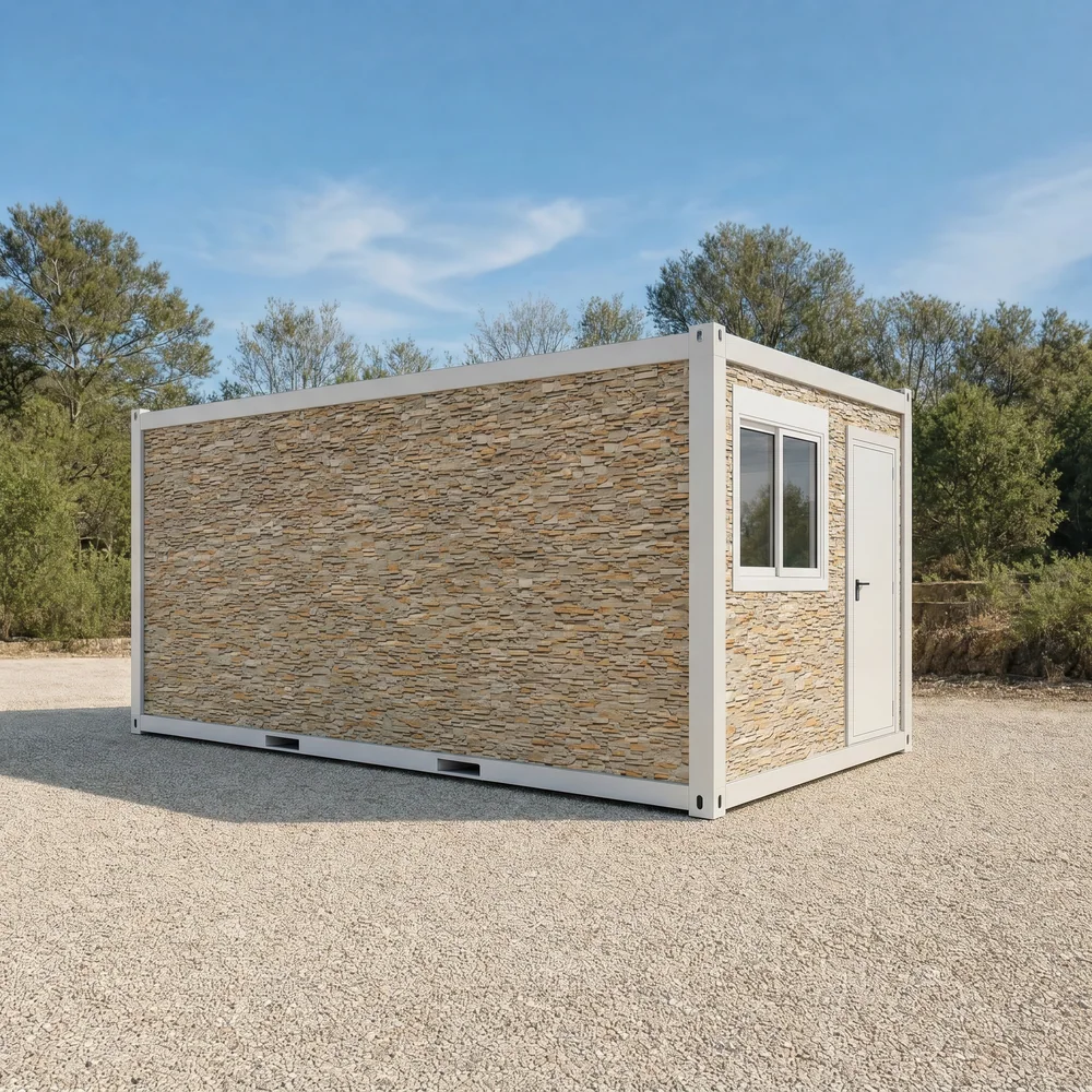 Module préfabriqué habillé d'un décor effet parement de pierre moderne