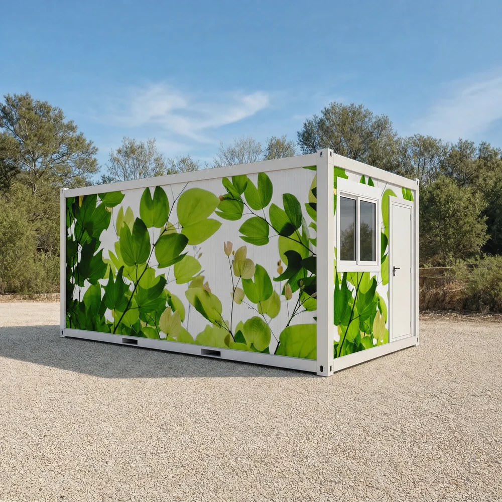 Module préfabriqué habillé d'un décor végétal de feuilles d'orchidée sur fond blanc