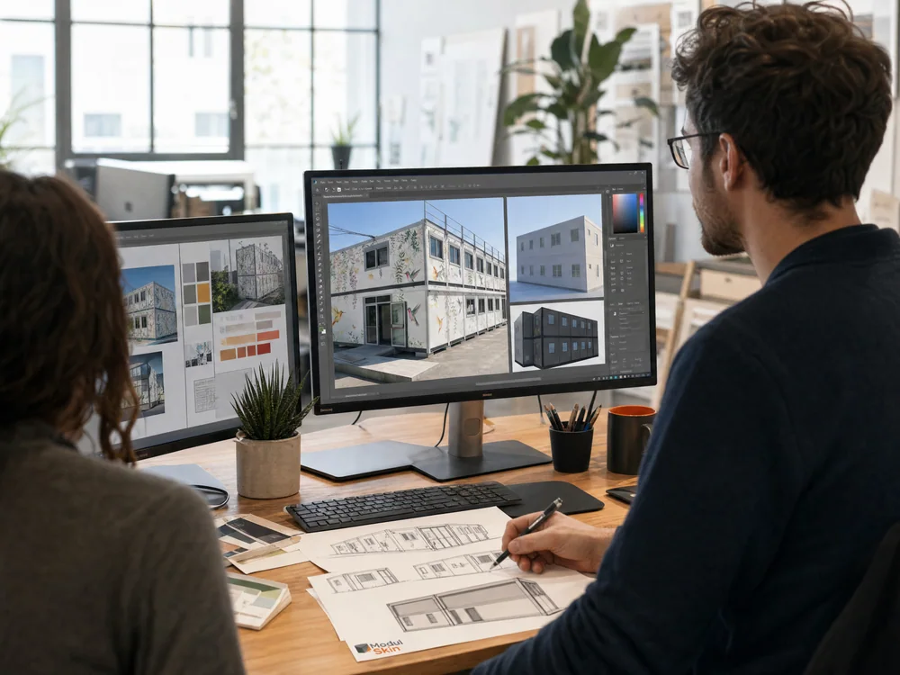 Le studio ModulSkin conçoit l'habillage d'un module à l'écran, avec simulation en trois dimensions et nuancier de matières
