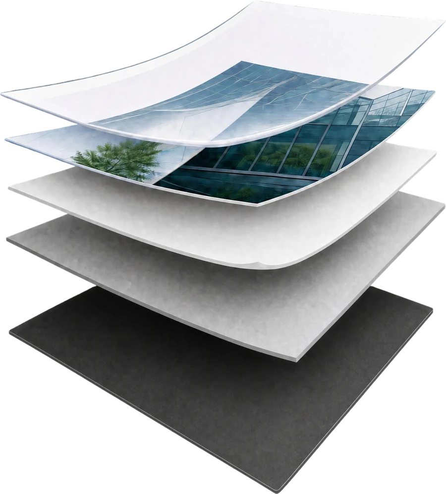 Vue éclatée du complexe Magnet : sur-lamination, film imprimé, adhésif de contrecollage et base magnétique